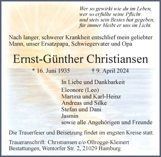 Traueranzeige von Ernst-Günther Christiansen von Bergedorfer Zeitung