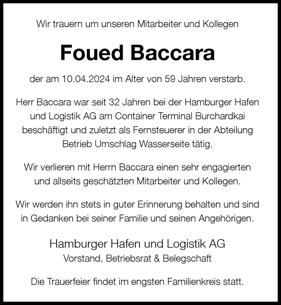 Traueranzeige von Foued Baccara von Hamburger Abendblatt