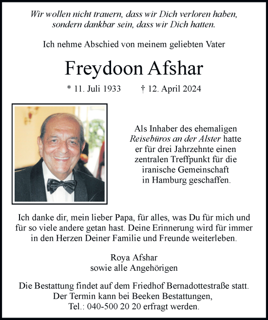 Traueranzeige von Freydoon Afshar von Hamburger Abendblatt