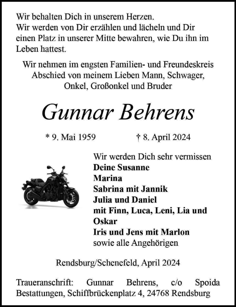  Traueranzeige für Gunnar Behrens vom 27.04.2024 aus Hamburger Abendblatt