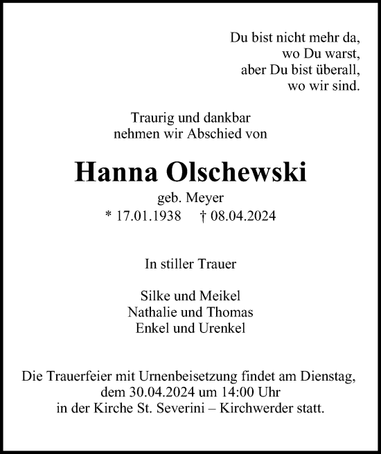 Traueranzeige von Hanna Olschewski von Bergedorfer Zeitung