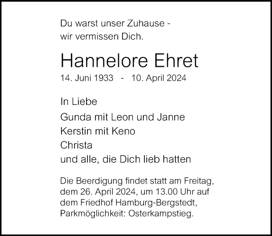 Traueranzeige von Hannelore Ehret von Hamburger Abendblatt