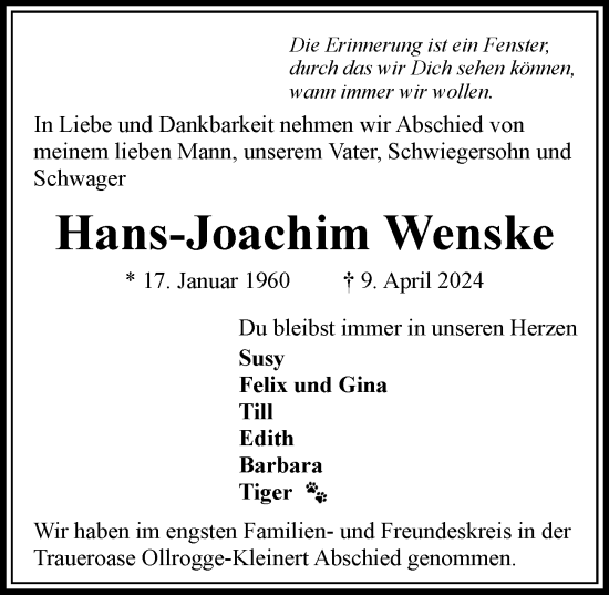 Traueranzeige von Hans-Joachim Wenske von Bergedorfer Zeitung