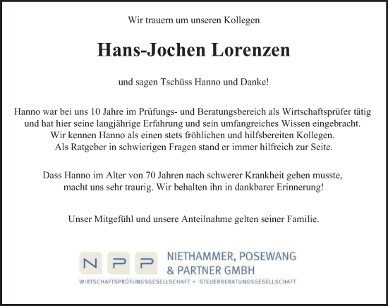 Traueranzeige von Hans-Jochen Lorenzen von Hamburger Abendblatt