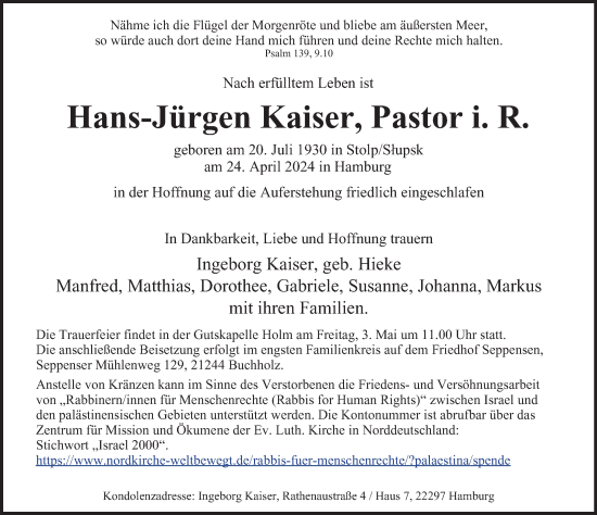 Traueranzeige von Hans-Jürgen Kaiser von Hamburger Abendblatt