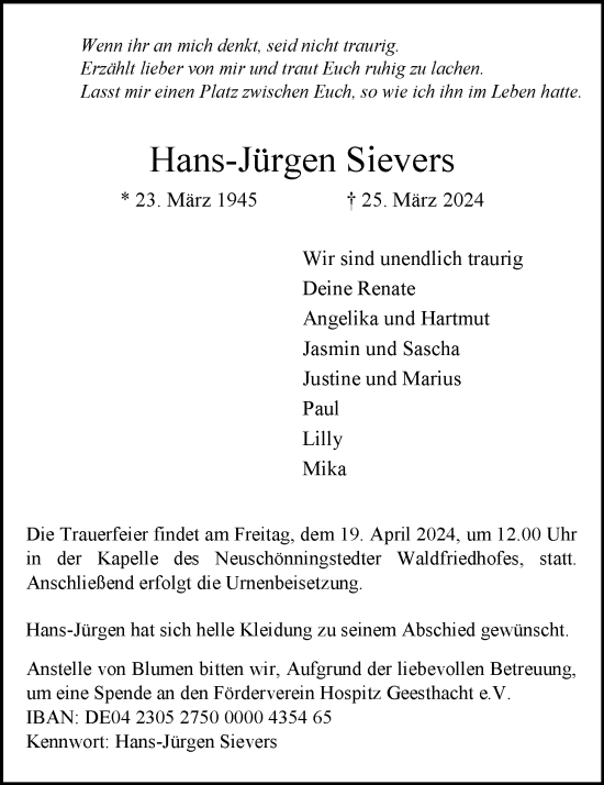 Traueranzeige von Hans-Jürgen Sievers 