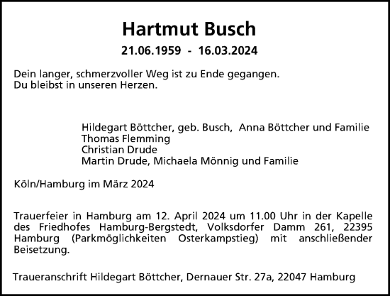 Traueranzeige von Hartmut Busch von Hamburger Abendblatt