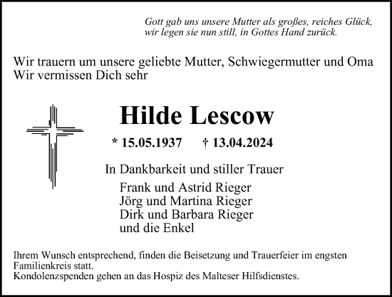 Traueranzeige von Hilde Lescow von Hamburger Abendblatt