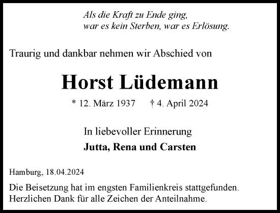 Traueranzeige von Horst Lüdemann von HA Regio Harburg