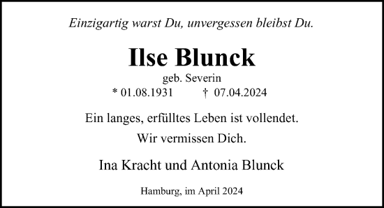 Traueranzeige von Ilse Blunck 