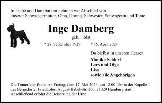 Traueranzeige von Inge Damberg von Bergedorfer Zeitung