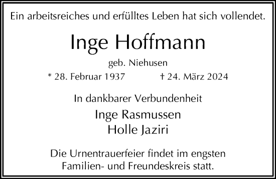 Traueranzeige von Inge Hoffmann von Hamburger Abendblatt