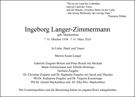 Traueranzeige von Ingeborg Langer-Zimmermann von Hamburger Abendblatt