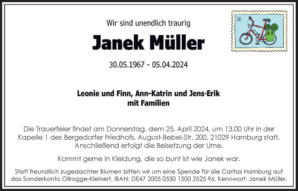  Traueranzeige für Janek Müller vom 20.04.2024 aus Bergedorfer Zeitung