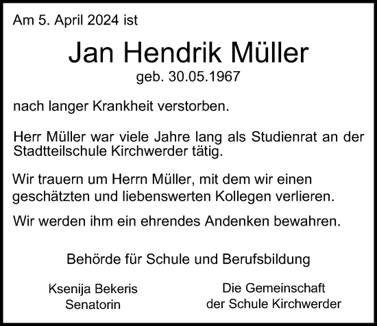 Traueranzeige von Jan Hendrik Müller von Hamburger Abendblatt