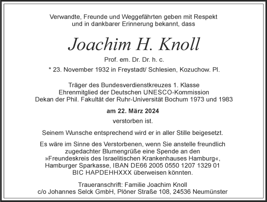Traueranzeige von Joachim Knoll von Hamburger Abendblatt