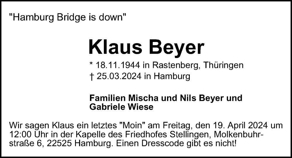  Traueranzeige für Klaus Beyer vom 06.04.2024 aus Hamburger Abendblatt