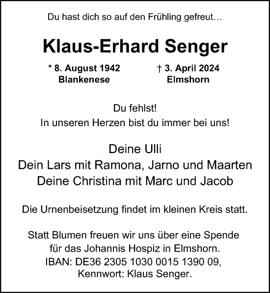 Traueranzeige von Klaus-Erhard Senger von Hamburger Abendblatt