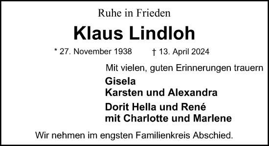 Traueranzeige von Klaus Lindloh von Hamburger Abendblatt