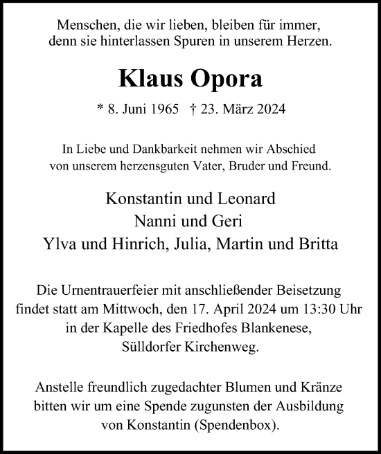 Traueranzeige von Klaus Opora von Hamburger Abendblatt