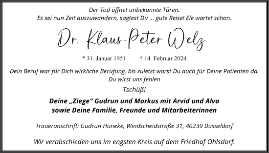 Traueranzeige von Klaus-Peter Welz 