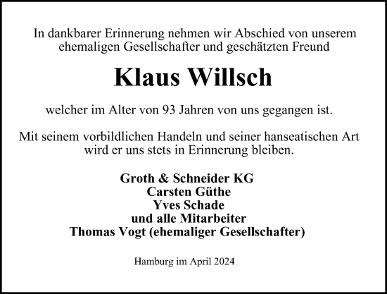 Traueranzeige von Klaus Willsch von Hamburger Abendblatt