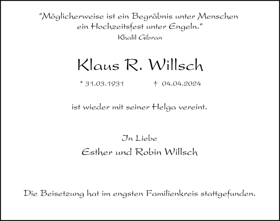 Traueranzeige von Klaus R. Willsch von Hamburger Abendblatt