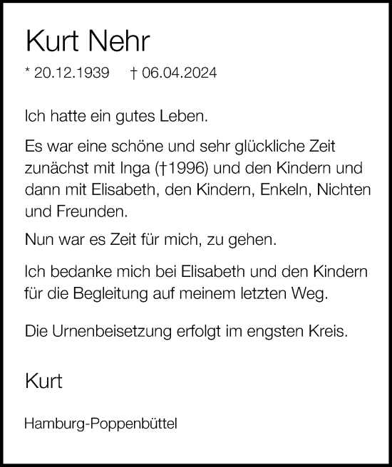 Traueranzeige von Kurt Nehr von Hamburger Abendblatt