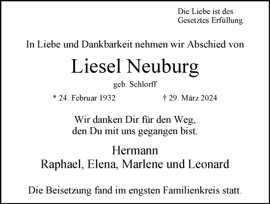 Traueranzeige von Liesel Neuburg 