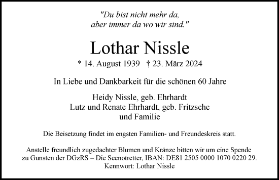 Traueranzeige von Lothar Nissle von Hamburger Abendblatt
