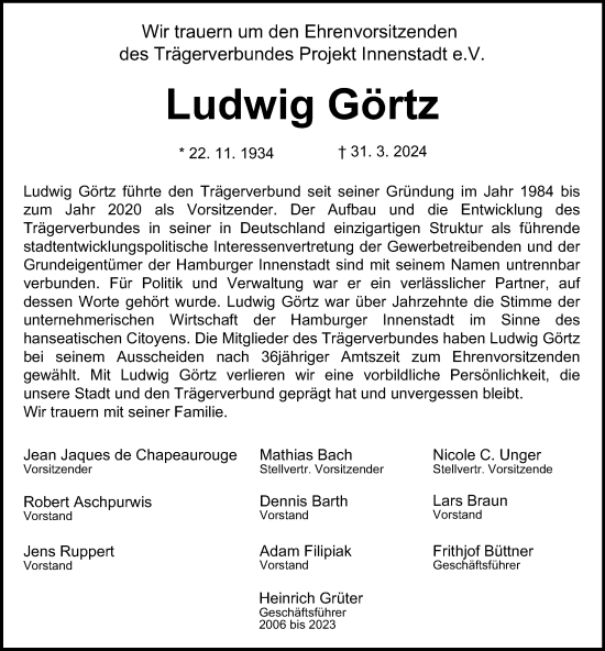 Traueranzeige von Ludwig Görtz von Hamburger Abendblatt