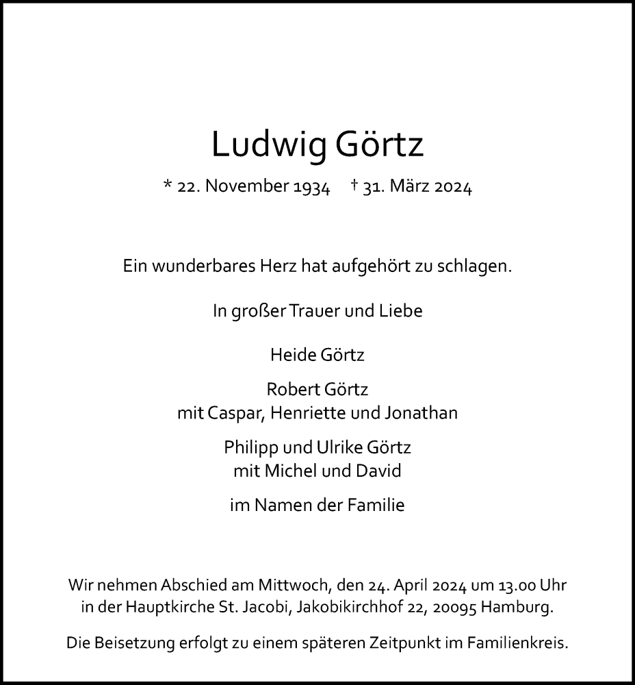  Traueranzeige für Ludwig Görtz vom 13.04.2024 aus Hamburger Abendblatt