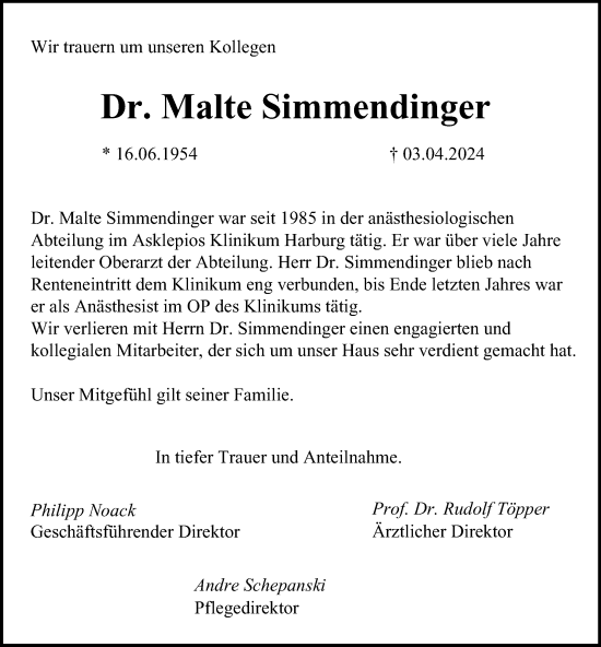 Traueranzeige von Malte Simmendinger von Hamburger Abendblatt