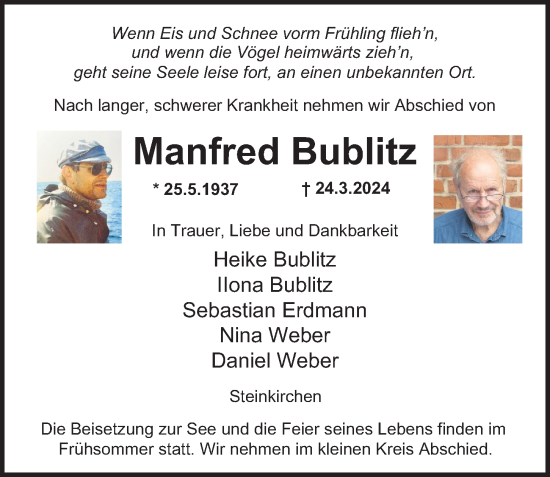 Traueranzeige von Manfred Bublitz von Bergedorfer Zeitung