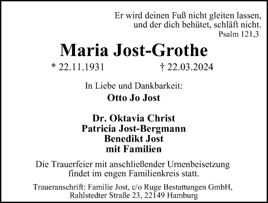 Traueranzeige von Maria Jost-Grothe von Hamburger Abendblatt