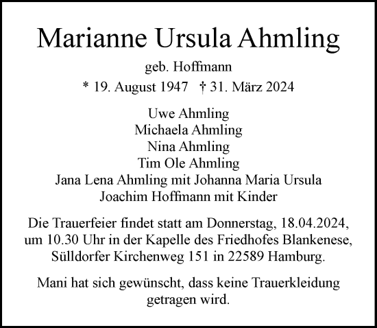 Traueranzeige von Marianne Ursula Ahmling von Hamburger Abendblatt