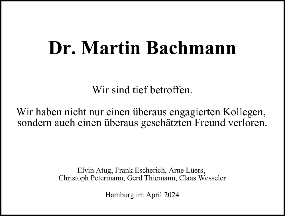  Traueranzeige für Martin Bachmann vom 06.04.2024 aus Hamburger Abendblatt