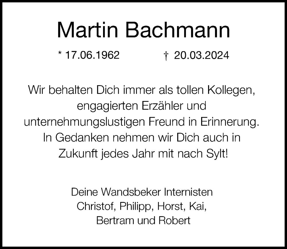  Traueranzeige für Martin Bachmann vom 13.04.2024 aus Hamburger Abendblatt
