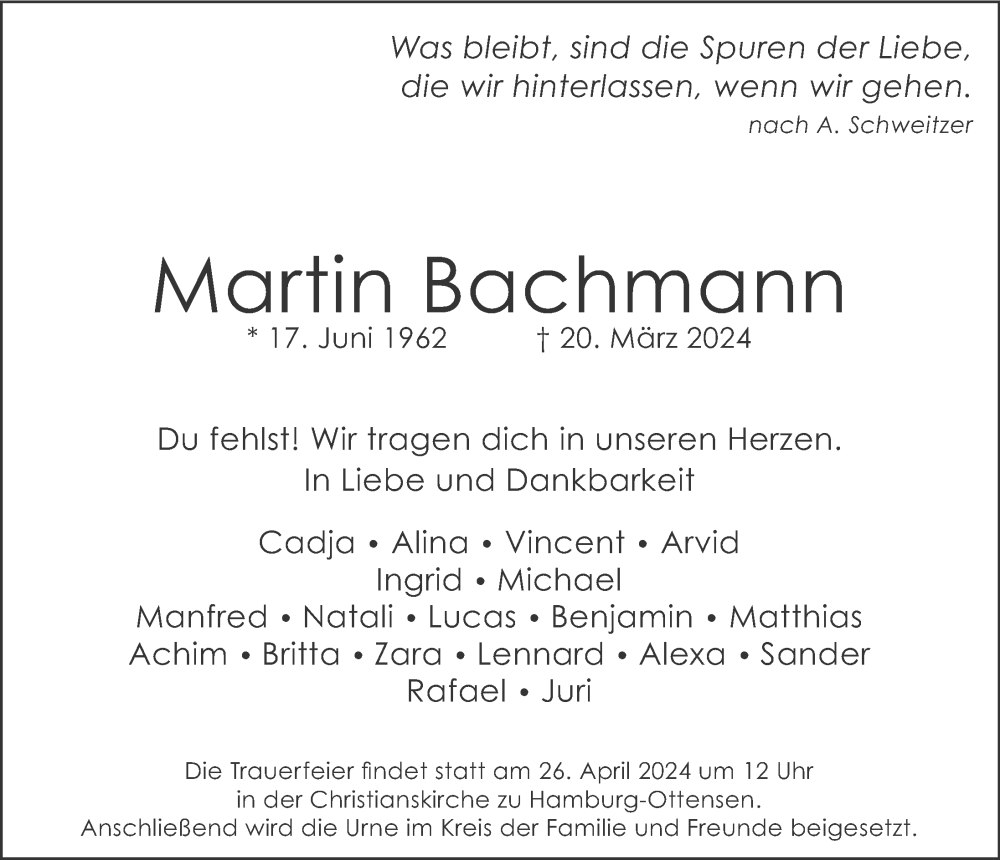  Traueranzeige für Martin Bachmann vom 06.04.2024 aus Hamburger Abendblatt
