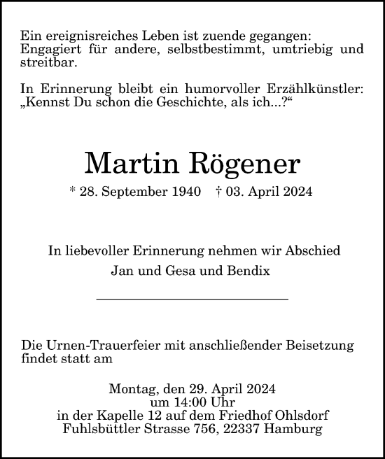 Traueranzeige von Martin Rögener von Hamburger Abendblatt