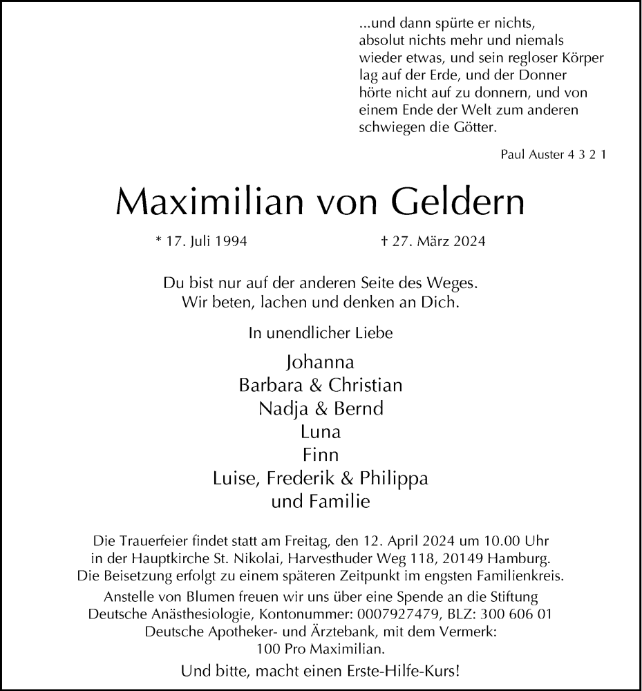  Traueranzeige für Maximilian von Geldern vom 06.04.2024 aus Hamburger Abendblatt