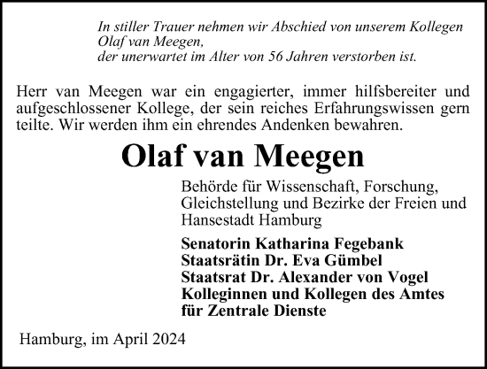 Traueranzeige von Olaf van Meegen von Hamburger Abendblatt