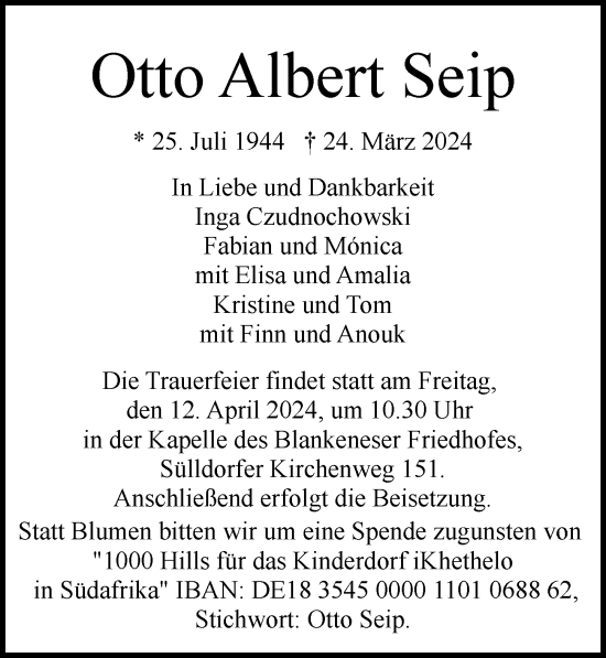 Traueranzeige von Otto Seip von Hamburger Abendblatt