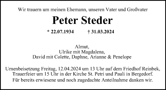 Traueranzeige von Peter Steder von Hamburger Abendblatt