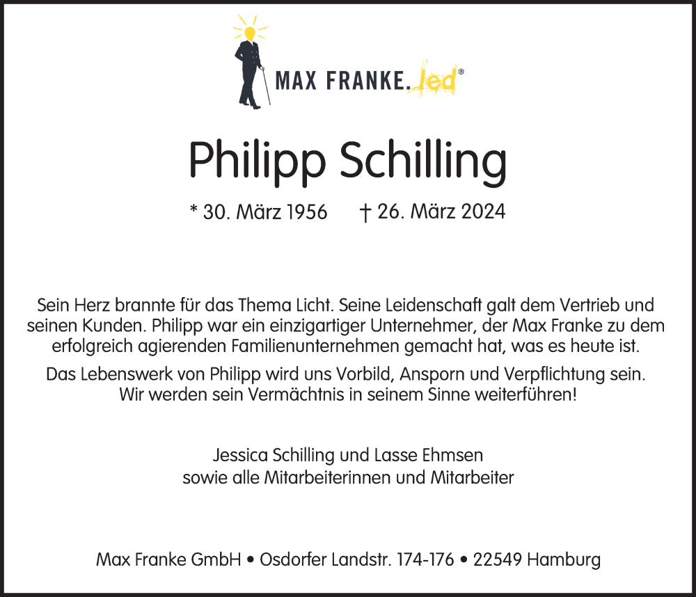  Traueranzeige für Philipp Schilling vom 06.04.2024 aus Hamburger Abendblatt
