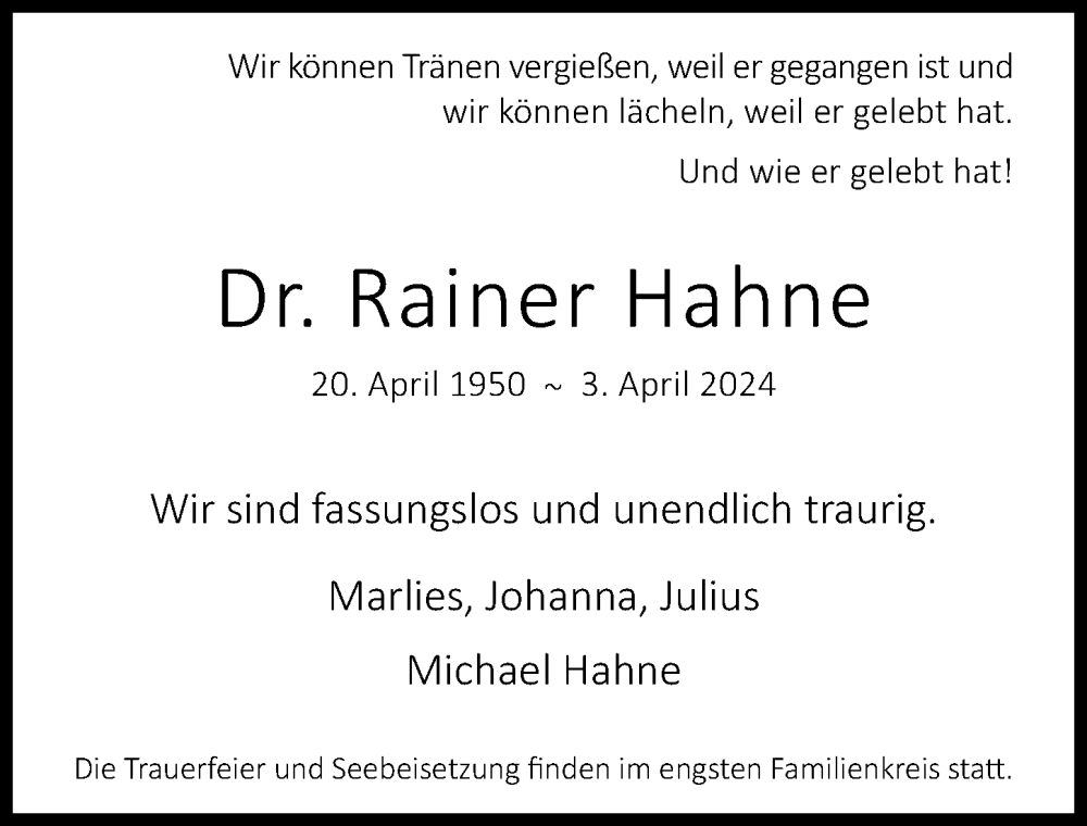  Traueranzeige für Rainer Hahne vom 13.04.2024 aus Hamburger Abendblatt