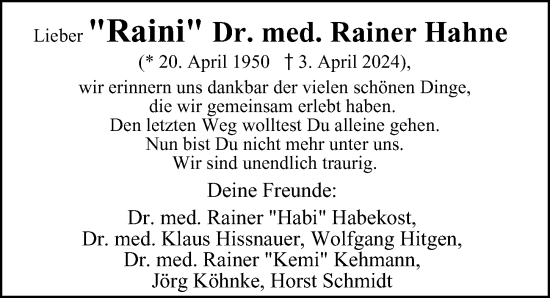 Traueranzeige von Rainer Hahne von Hamburger Abendblatt