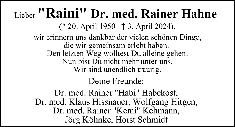  Traueranzeige für Rainer Hahne vom 20.04.2024 aus Hamburger Abendblatt