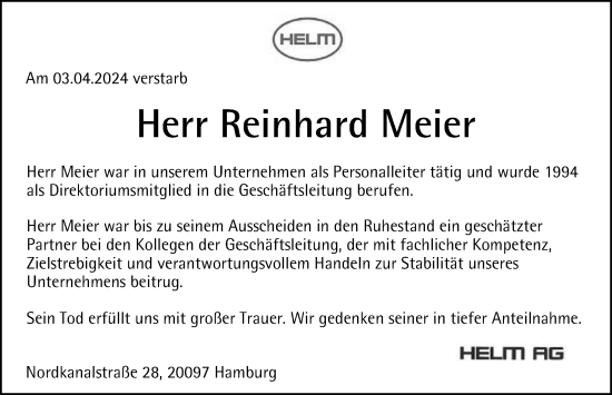 Traueranzeige von Reinhard Meier von Hamburger Abendblatt