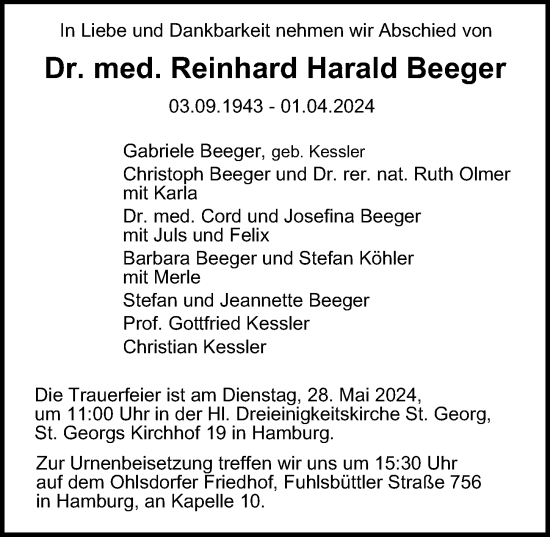 Traueranzeige von Reinhard Harald Beeger von Hamburger Abendblatt